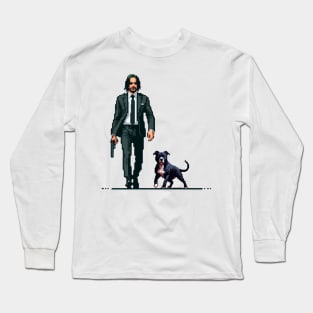 Pixel John Wick and His Pitbull Dog Retro Long Sleeve T-Shirt